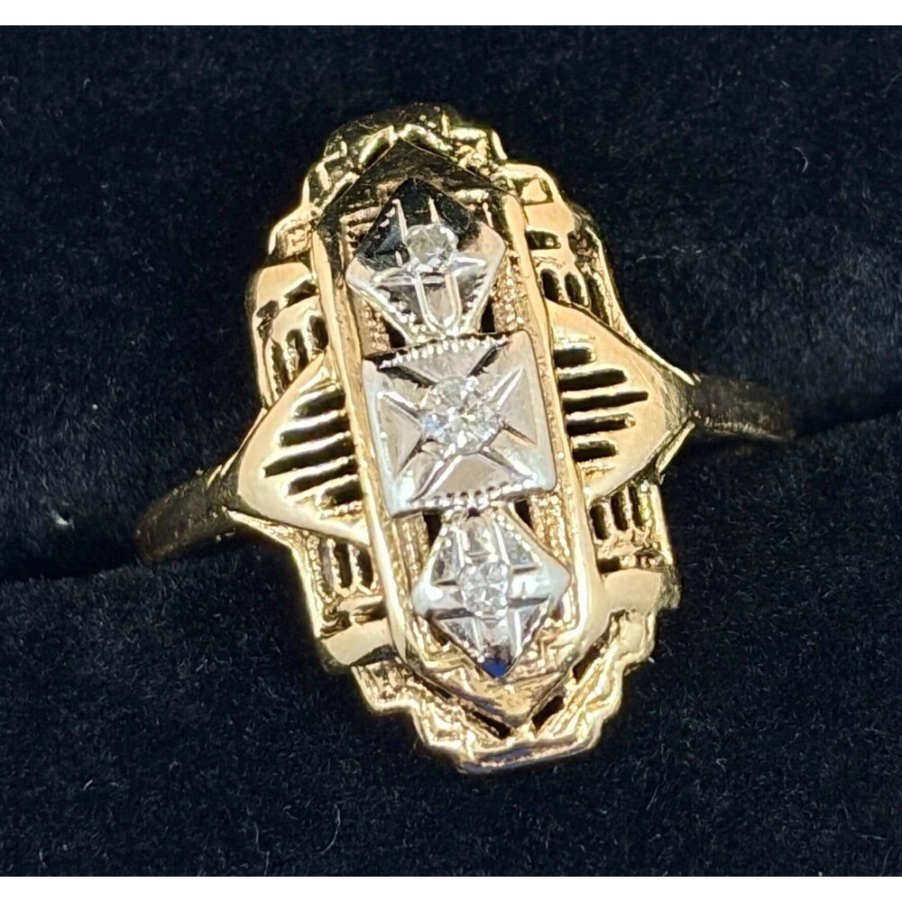 Art Deco Shield Ring, Antique, Diamond, Two Tone Gold, Yellow White 10K, Vintage